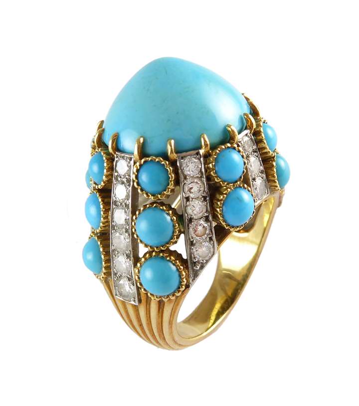 Turquoise and diamond bombe cluster ring topped by a principal circular point-domed shaped turquoise